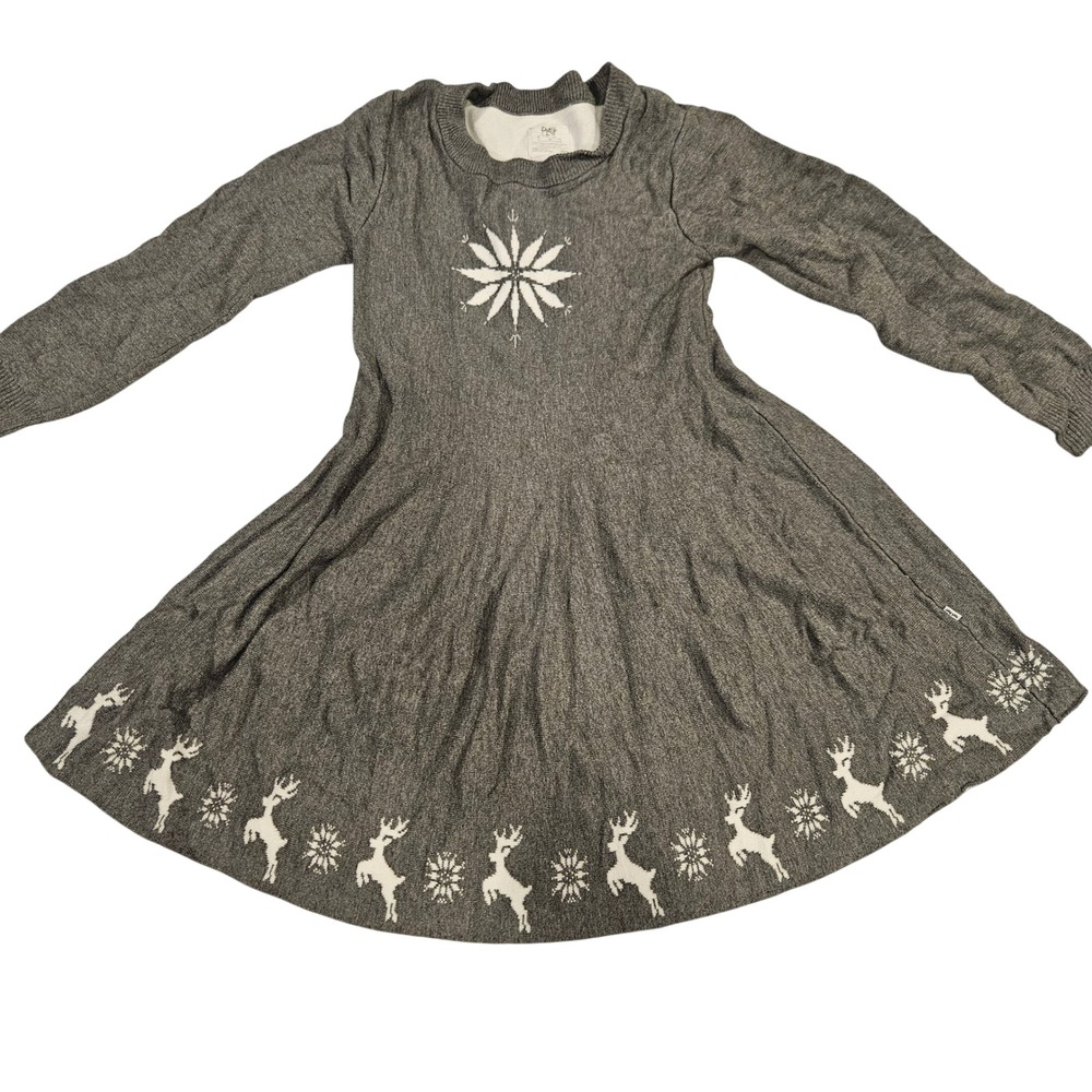Little Sleepies Snowflake Reindeer Grey White Sweater Dress Knit Fair Isle Sz 10